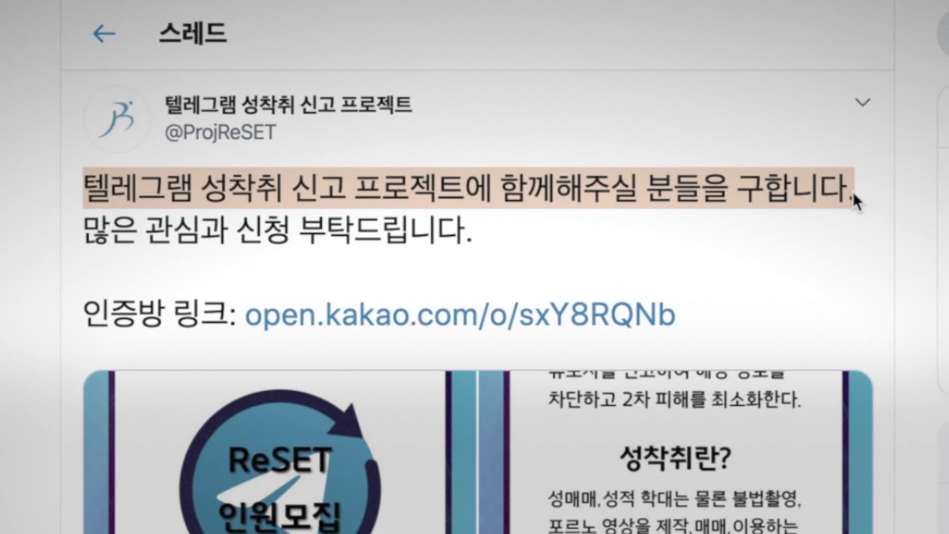 '텔레그램 성착취 신고 프로젝트'라는 트위터 계정이 "텔레그램 성착취 신고 프로젝트에 함께 해 주실 분을 구합니다."라는 글을 올린 화면.